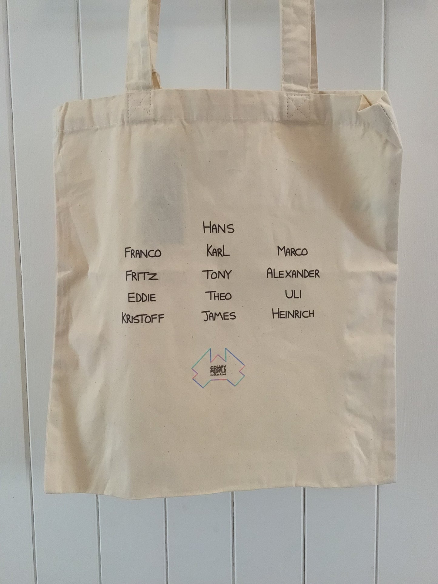 Hans and the gang tote bag